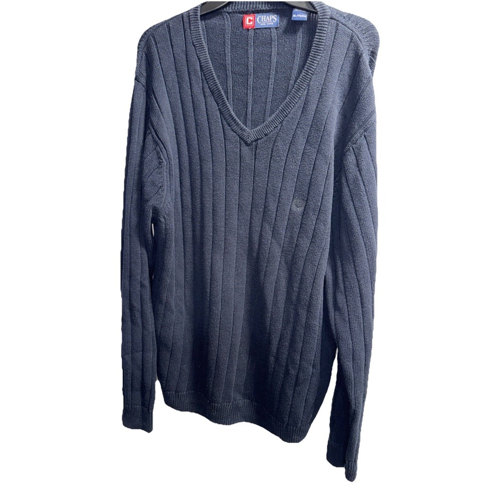 Chaps Sweater Men's Extra Large Blue Cable Knit Preppy Logo Heavy V-neck